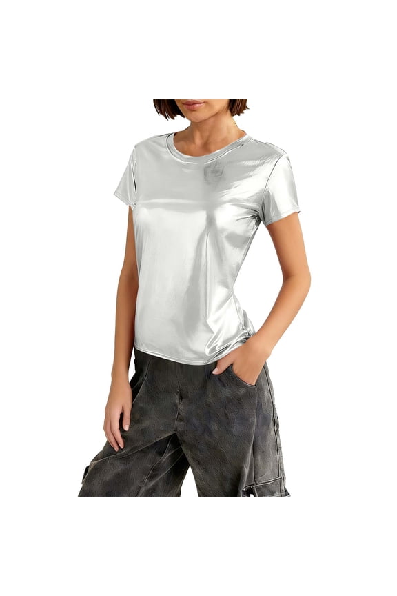 Summer T Shirts for Women Metallic Shiny Tops Sparkly Glitter Base Shirt Casual Round Neck Tees