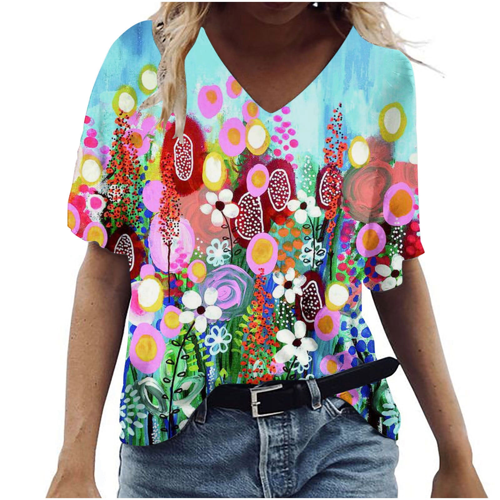 Summer T Shirts for Women, Novelty Cat Butterfly Print V Neck Short ...