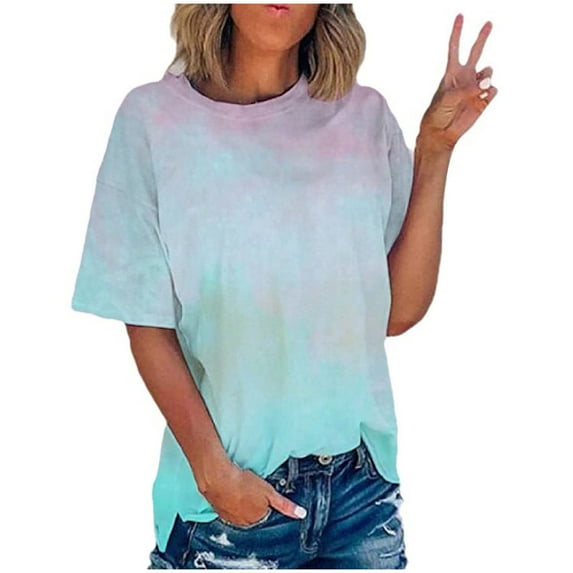 Husipze Summer T Shirts for Women Oversized Tshirts Funny Print Short Sleeve Tee Tops Round Neck Casual Blouse Light Blue 2XL