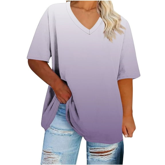 Summer T Shirts for Women Plus Size Tee Casual Short Sleeve V Neck Shirt Gradient Tunic Tops Trendy Blouse