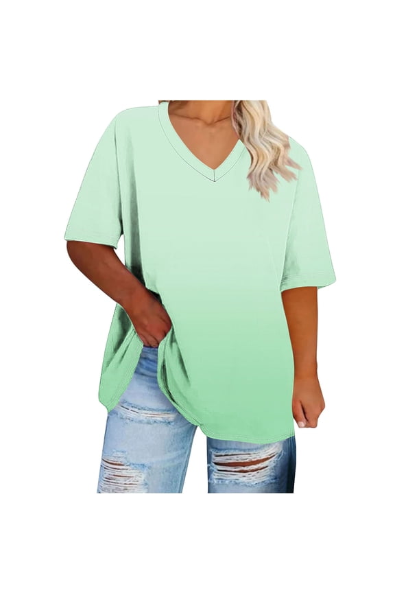 Summer T Shirts for Women Plus Size Tee Casual Short Sleeve V Neck Shirt Gradient Tunic Tops Trendy Blouse