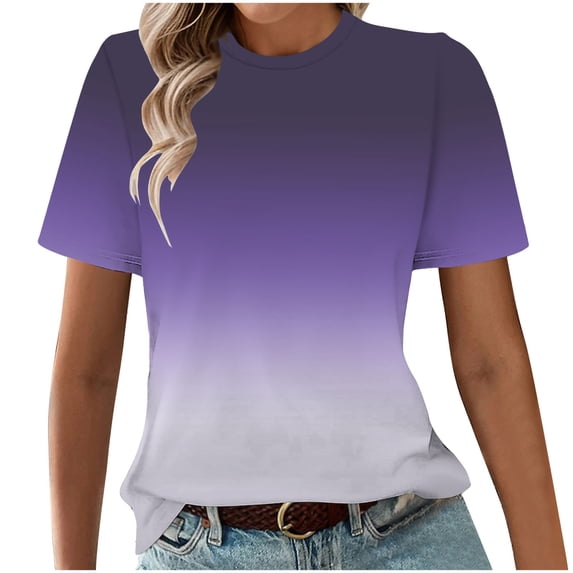Summer T-Shirts for Women Trendy Casual Crewneck Graphic Tee Shirts Gradient/Tie-Dye Short Sleeve Tops S-3X (2XL, Purple 01)