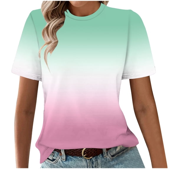 Summer T-Shirts for Women Trendy Casual Crewneck Graphic Tee Shirts Gradient/Tie-Dye Short Sleeve Tops S-3X (S, Pink)