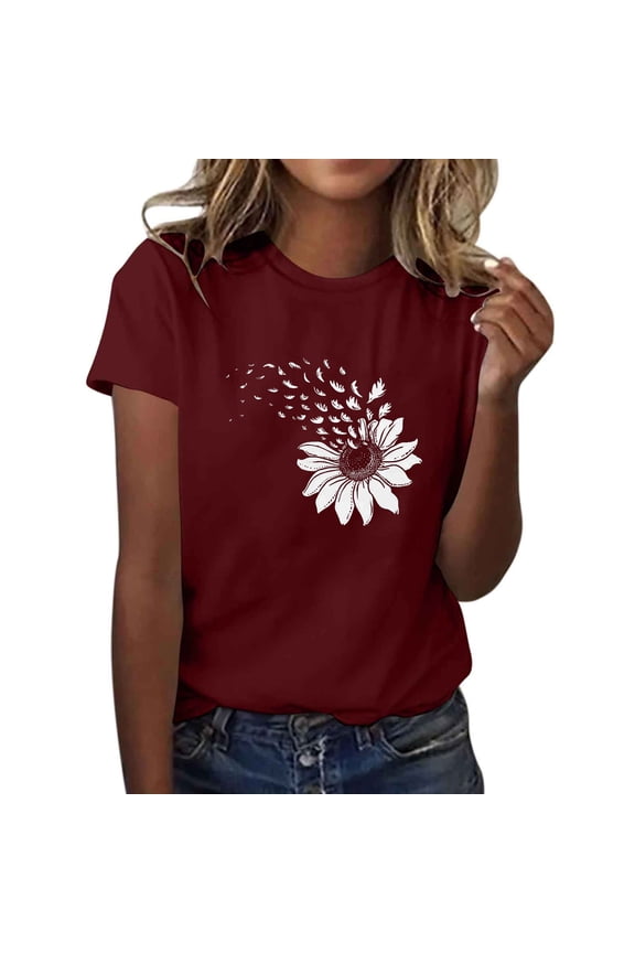 Summer T-Shirts for Womens Spring Flowers Print Shirts Top Casual Crew Neck Short Sleeve Blouses Fashion Loose Pullover Tops