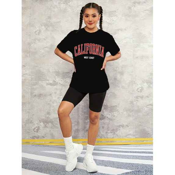 CALIFORNIA WEST COAST Print Short Sleeve T-shirt Girls Comfy Tees Summer Clothes Casual Basic Tee Daily Wear Summer Top