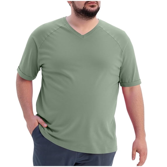 Summer T-shirts for Men Plus Size V Neck Tops Basic Tee Raglan Short Sleeve Casual Big and Tall Plain Tshirts (L, Green)