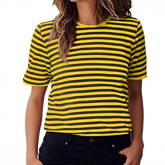 Summer T-shirts for Women Stripes Printed Short Sleeve Round Neck Tops Loose Fit Color Block Casual Tshirts (M, Yellow)