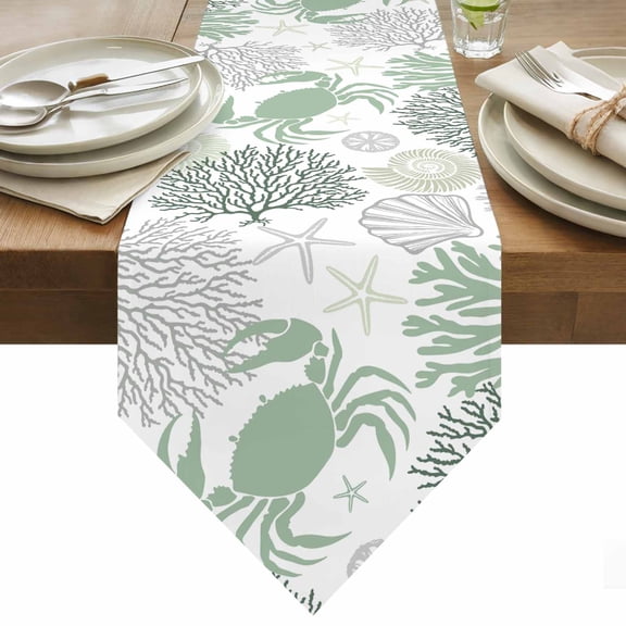 Summer Table Runner 48 Inches Long Sage Green Crab Coral Seashell Nautical Coastal Ocean Table Runners for Dining Room Tabletop Dresser Scarf Home Party Banquet Wedding Holiday Decoration