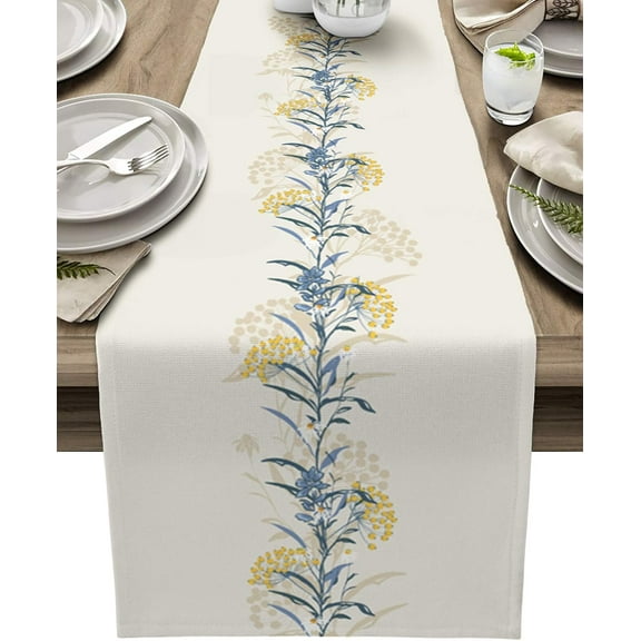 Summer Table Runner 71 Inches Long Spring Flower Wild Leaves Seasonal Runner for Tables Dining Room Blue White Yellow Floral Holiday Dinner Runner Party Table Decoration