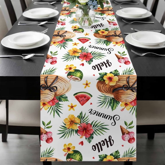 Summer Table Runner 72 Inches Long, Tropical Plants Watermelon Coconut Straw Hat Kitchen Coffee Dining Table Decoration for Home Party Birthday Wedding Home Decor 18x72 Inches