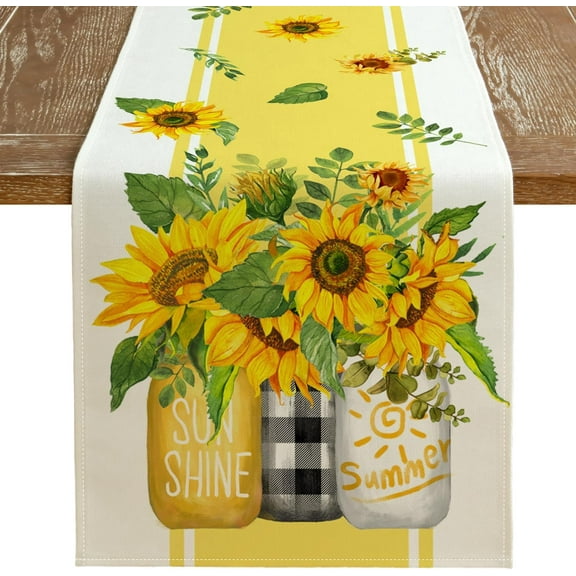 Summer Table Runner , Sunflower Vase Sunshine Yellow Seasonal Farmhouse Stripe Burlap Indoor Kitchen Anniversary Dining Table Decor for Home Party 13x108 Inches / 13x120 Inches