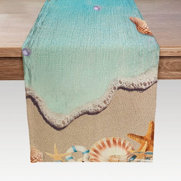 Summer Table Runners Tropical Ocean Beach Sea Starfish Shell and Seahorse Linen Table Runner for Family Dinner/Wedding/Outdoor Indoor Party Holiday Kitchen Dining Table Decoration 13 x 48 Inches