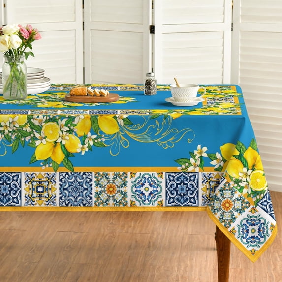 Summer Tablecloth 60×102 Inch Rectangular, Blue Yellow Lemon Vintage Pattern Washable Table Cover for Party Picnic Dinner Decor