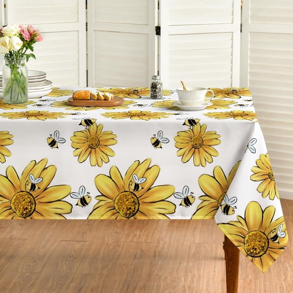 Summer Tablecloth 60×104 Inch, Yellow Sunflower Bumble Bee White Fall Washable Table Cover for Party Picnic Dinner Decor