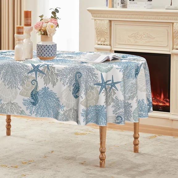 Summer Tablecloth 60×84 Inch Oval, Sealife Blue Beach Washable Table Cover for Party Picnic Dinner Decor