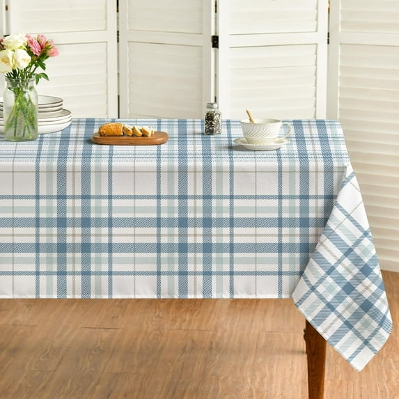 Summer Tablecloth 60×84 Inch Rectangular, Buffalo Plaid Blue White Washable Seasonal Table Cover for Party Picnic Dinner Decor