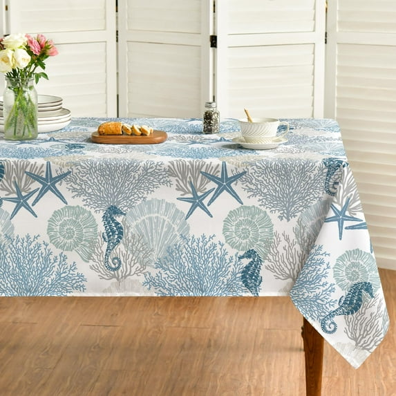 Summer Tablecloth 60×84 Inch Rectangular, Sealife Blue Beach Washable Table Cover for Party Picnic Dinner Decor