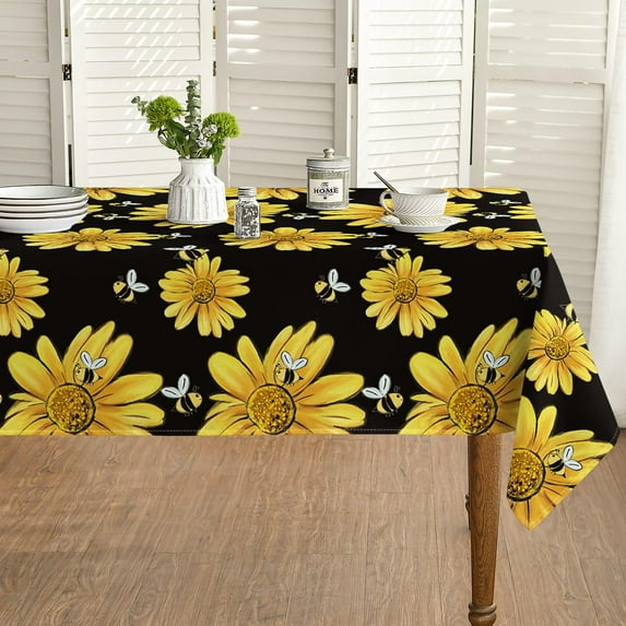 Summer Tablecloth 60×84 Inch Rectangular, Yellow Sunflower Bumble Bee Black Fall Washable Table Cover for Party Picnic Dinner Decor