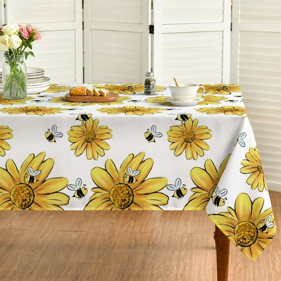 Summer Tablecloth 60×84 Inch, Yellow Sunflower Bumble Bee White Fall Washable Table Cover for Party Picnic Dinner Decor