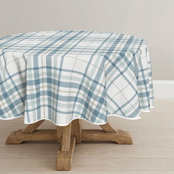 Summer Tablecloth 60×60 Inch Round, Buffalo Plaid Blue White Washable Seasonal Table Cover for Party Picnic Dinner Decor