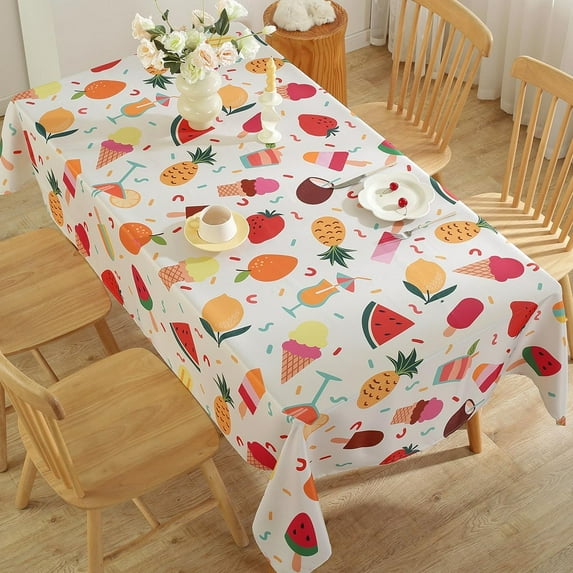 Summer Tablecloth Rectangle 60 X 120 Inch, Lemon Ice Cream Watermelon Pineapple Strawberry Print Table Cloth, Waterproof Polyester Table Cover for Dining, Party, Patio, Outdoor