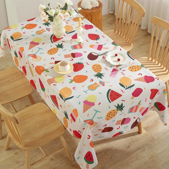 Summer Tablecloth Rectangle 60 x 84 Inch, Ice Cream Lemon Strawberry Watermelon Pineapple Popsicle Table Cloth, Wrinkle Free Fabric Table Cover for Dining, Party, Indoor, Outdoor