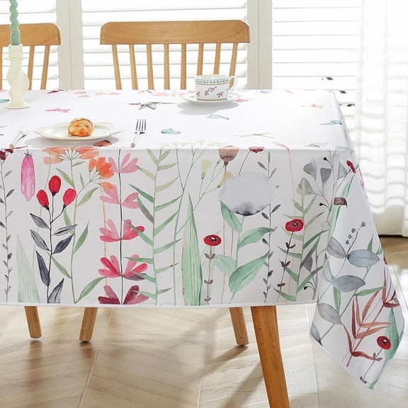 Summer Tablecloth Rectangle, Spillproof Floral Table Cloth with Watercolor Wild Flowers & Butterflies, Washable Polyester Table Cover for Outdoor Spring Summer Picnic