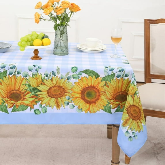 Summer Tablecloth Rectangle, Sunflower Buffalo Plaid Decorative Table Cloths Stain Resistant Fabric Table Cover for Dinner/Party/Picnic/Indoor/Outdoor (Blue, 60 x 102 Inch)