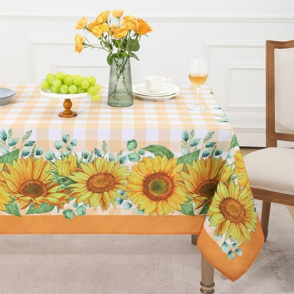 Summer Tablecloth Rectangle, Sunflower Buffalo Plaid Decorative Table Cloths Stain Resistant Fabric Table Cover for Dinner/Party/Picnic/Indoor/Outdoor (Orange, 60 x 120 Inch)