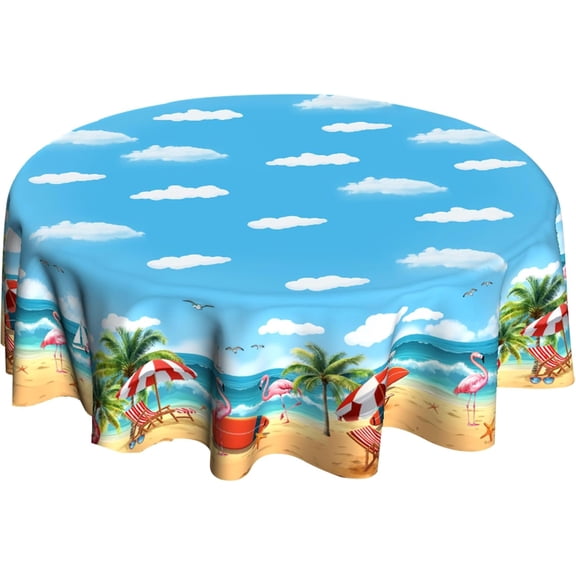 Summer Tablecloth Round 60 inch Beach Tablecloths Hawaiian Table Cloths Circle for Outdoor Picnic Kitchen Beach Theme Birthday Sea Tropical Flamingo Table Decorations