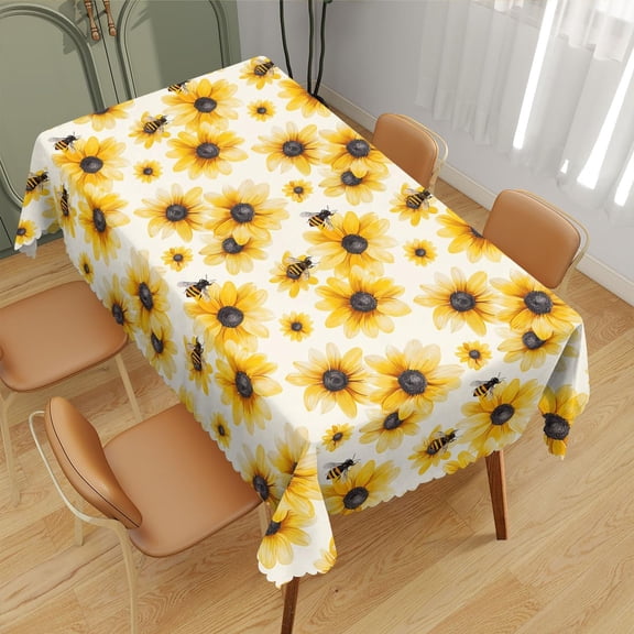 Summer Tablecloth Yellow Sunflower Bumble Bee Vintage Farmhouse Table Cover Decorations for Party Picnic Kitchen Dinner Decor Outdoor
