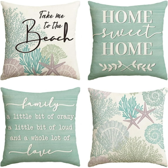 Summer Take Me to The Beach Coral Starfish Throw Pillow Covers, 18 x 18 Inch Home Sweet Home Motto Blue Cushion Case for Sofa Couch Set of 4