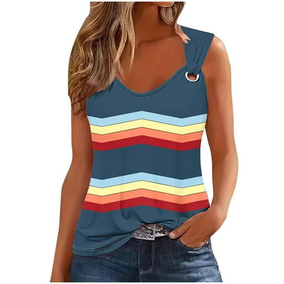 Summer Tank Cute Tops for Women Casual Sleeveless Shirt Loose Fit Scoop Neck O Ring Shoulder Blouse