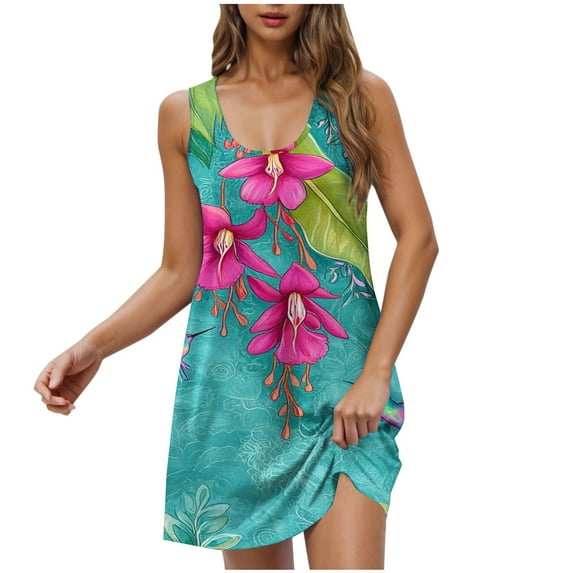 Summer Tank Dress for Women Sleeveless Loose Fit Beach Travel Dress Floral Printing Fashion Mini T Shirt Dress 2025
