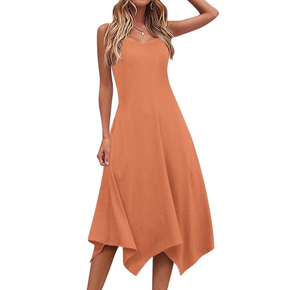 Summer Tank Dresses for Women 2025 Solid Comfort Sleeveless Casual Dress Loose Irregular Hem Tea-Length Dresses, Orange, S
