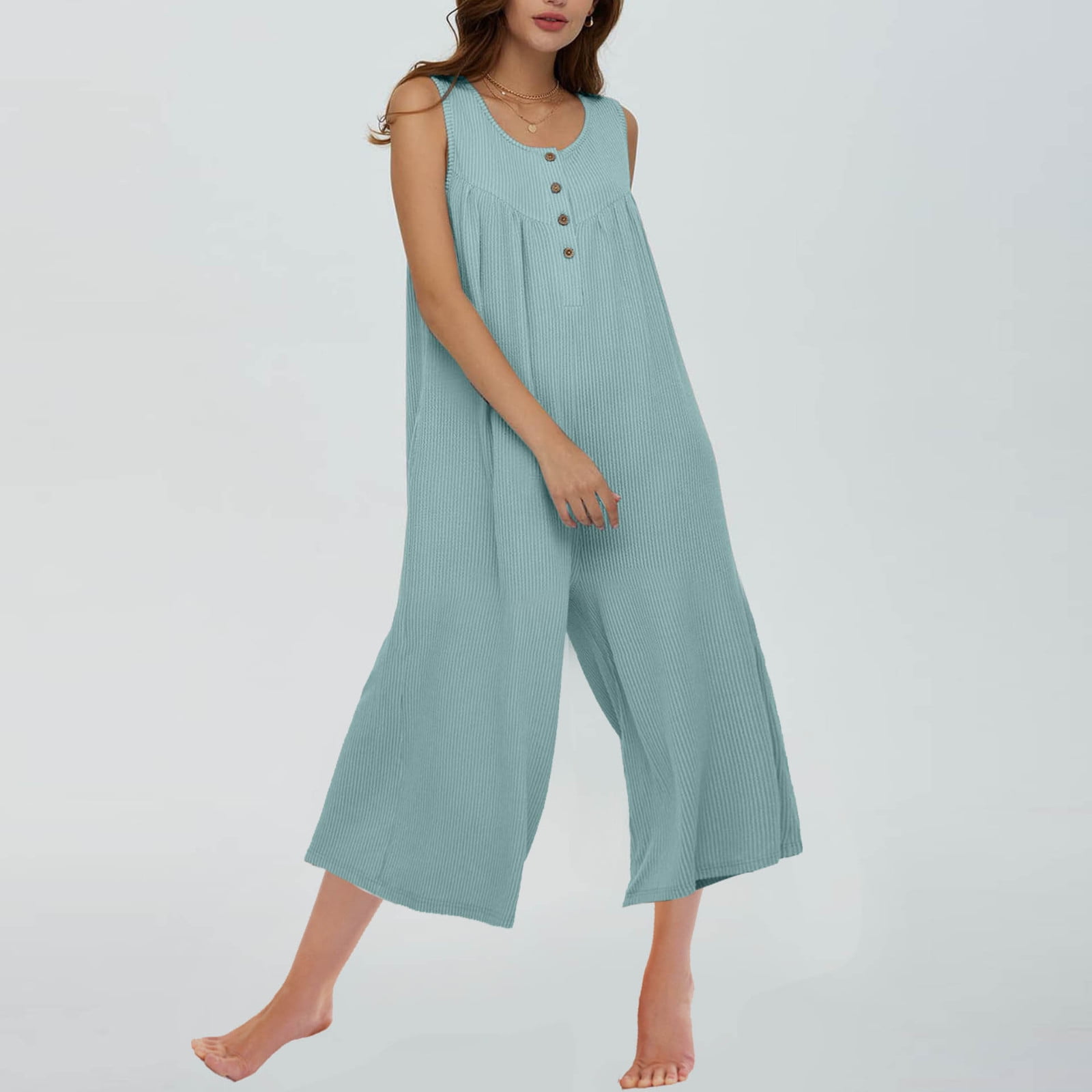 Summer Tank Top Jumpsuit for Women Casual Button Down Ribbed