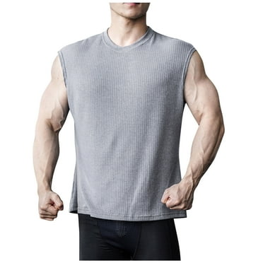 Summer Tank Top for Men Sleeveless Tops Plus Size Round-Neck Plain Vest High Stretch Knitted Vest Quick-Dry Fitness Sportswear Lightweight Tee Shirt Casual Henley Shirts