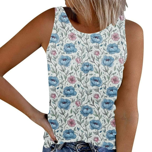 Summer Tank Top for Women Crew Neck Sleeveless Casual Tops Flowy Printed Tunic Loose Fit