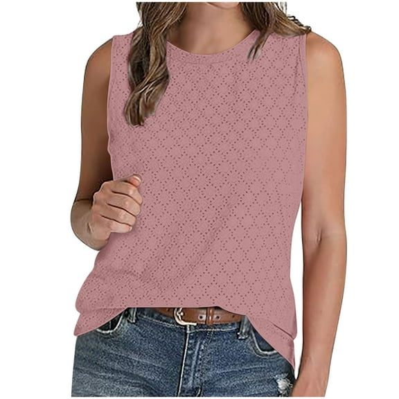 Summer Tank Top for Women Eyelet Embroidery Sleeveless Crew Neck Flowy Casual Tops Beach Vacation Fashion Boho Shirt