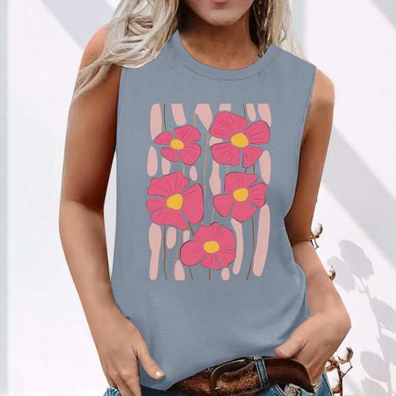 Summer Tank Tops For Women Plus Size Causal Loose Fit Floral Printing Crew Neck Sleeveless Workout Athletic Lightweight Pullover Tops Under $7 Gray M