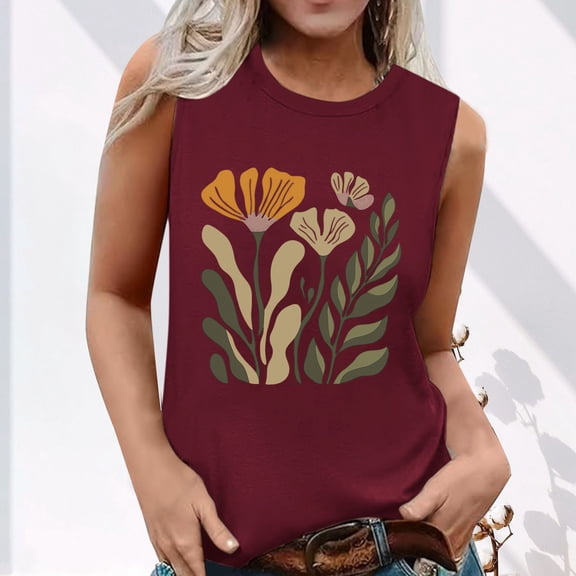 Summer Tank Tops For Women Plus Size Causal Loose Printing Crew Neck Sleeveless Workout Athletic Lightweight Pullover Tops Under $7 Wine S
