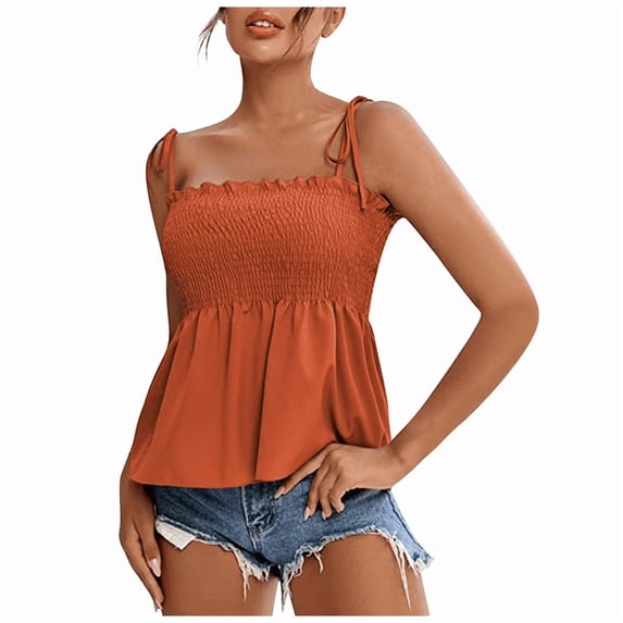 Summer Tank Tops For Women Ruffle Smocked Square Neck Sleeveless Tops Tie Shoulder Spaghetti Strap Blouse Babydoll Peplum Cami Shirts