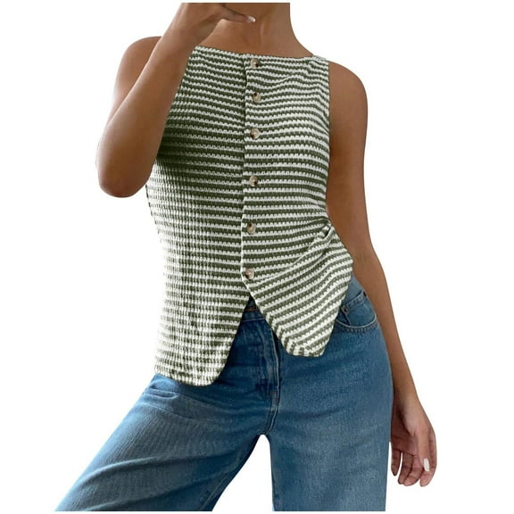 Summer Tank Tops For Women Sevevn Women's Striped Knitted Shirt Button Round Neck Fashionable Casual Tank Top Basic Tank Tops For Women