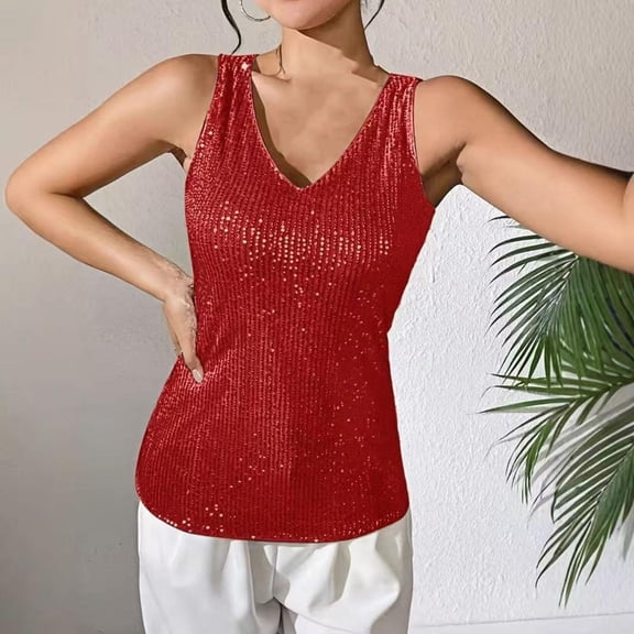 Summer Tank Tops For Women Sleeveless V-Neck Solid Regular Casuals Summer Waistcoat — Red∣XL