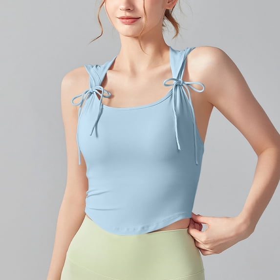 Summer Tank Tops For Women With Built In Bras Sleeveless Round-Neck Solid Casual Regulars Undershirt Tank Tops — Blue∣L