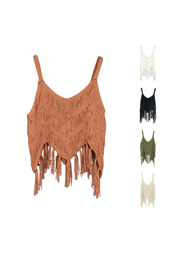 Summer Tank Tops for Women BWASD Fashion Spaghetti Straps Boho Crochet Camisole Shirts with Fringe Tassel V Neck Knit Sleeveless Vest Crop Top Trendy 2026 (Brown XL)
