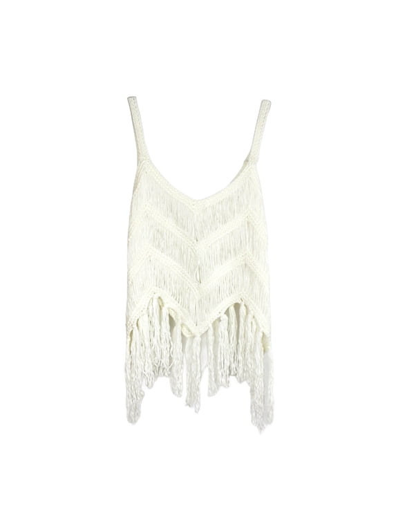 Summer Tank Tops for Women BWASD Fashion Spaghetti Straps Boho Crochet Camisole Shirts with Fringe Tassel V Neck Knit Sleeveless Vest Crop Top Trendy 2026 (White S)