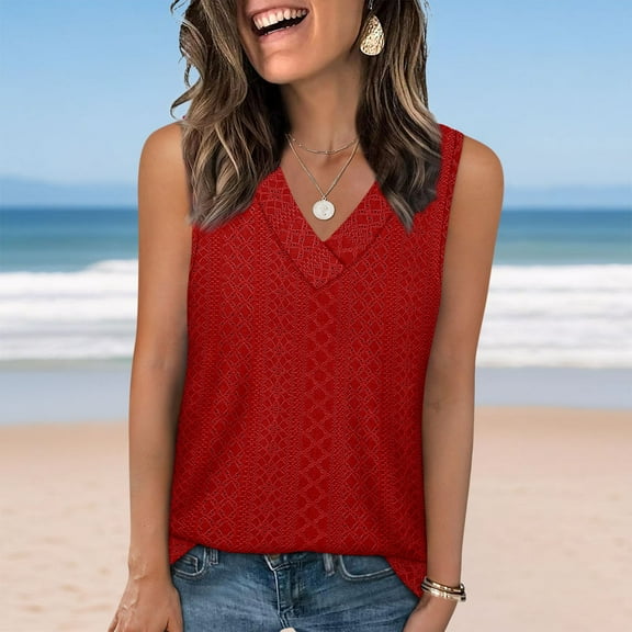 Summer Tank Tops For Women Causal Loose Fit Solid Color V-Neck Sleeveless Tops Women's Fashionable And Workout Athletic Lightweight Tops Under $7 red L
