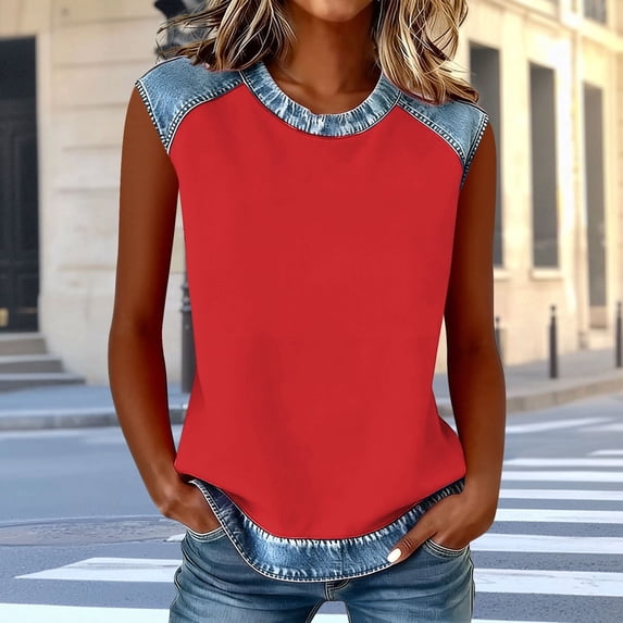 Summer Tank Tops for Women Crewneck Faux Denim Trims Patchwork Camisole Tanks Womens Causal Solid Round Neck Cotton Like Loose Fits Lightweight Comfy Sleeveless T Shirts