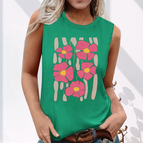 Summer Tank Tops For Women Plus Size Causal Loose Fit Floral Printing Crew Neck Sleeveless Workout Athletic Lightweight Pullover Tops Under $7 Green M